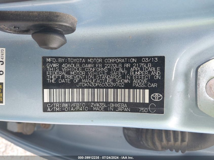 2013 Toyota Prius Plug-In VIN: JTDKN3DP6D3039702 Lot: 39912235