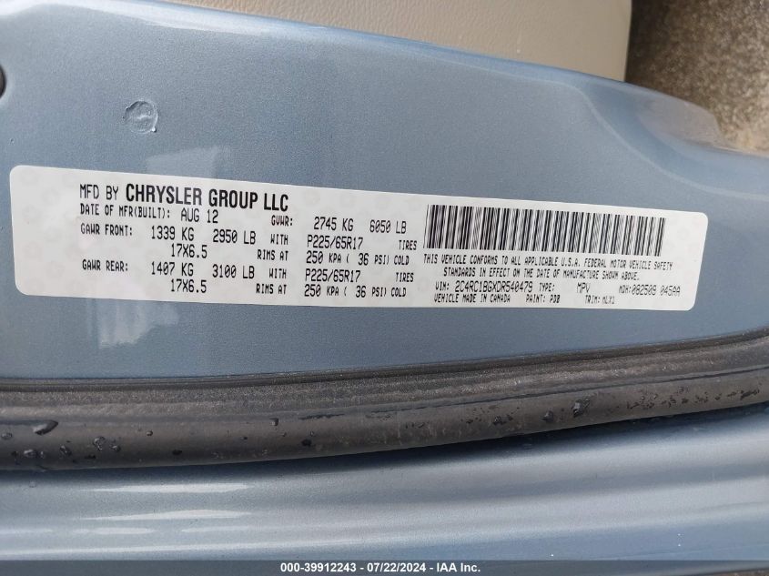 2013 Chrysler Town & Country Touring VIN: 2C4RC1BGXDR540479 Lot: 39912243