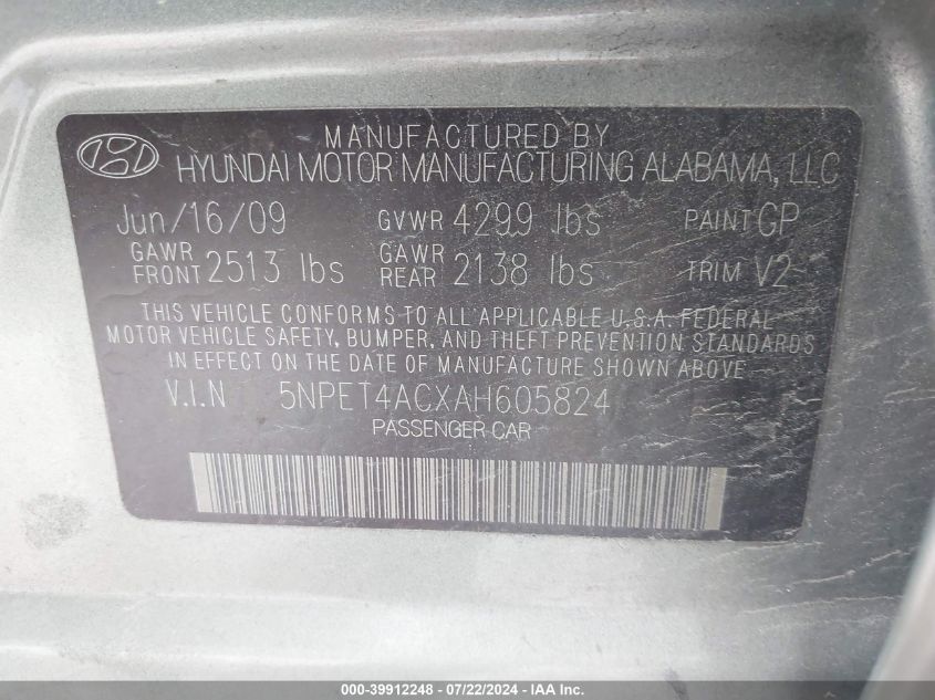 2010 Hyundai Sonata Gls VIN: 5NPET4ACXAH605824 Lot: 39912248
