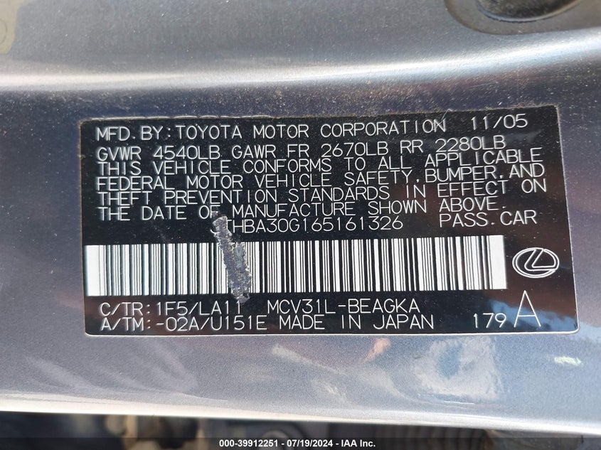 2006 Lexus Es 330 330 VIN: JTHBA30G165161326 Lot: 39912251