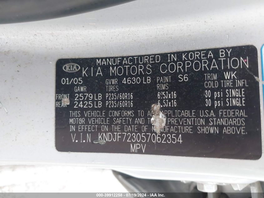 2005 Kia Sportage Ex V6/Lx V6 VIN: KNDJF723057062354 Lot: 39912258