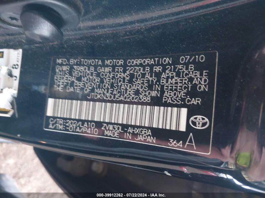 2010 Toyota Prius Iv VIN: JTDKN3DU5A0202388 Lot: 39912262