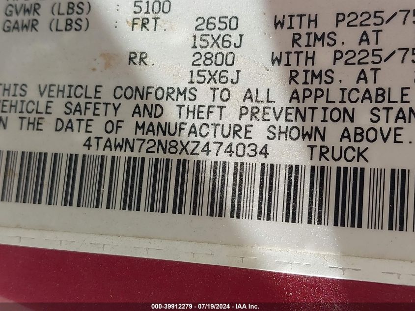 1999 Toyota Tacoma Xtracab VIN: 4TAWN72N8XZ474034 Lot: 39912279