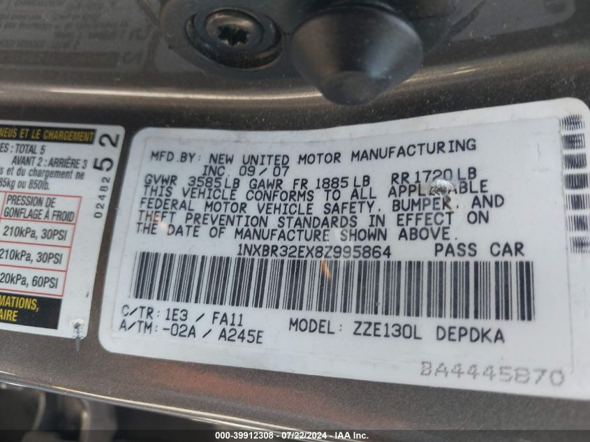 2008 Toyota Corolla Ce VIN: 1NXBR32EX8Z995864 Lot: 39912308