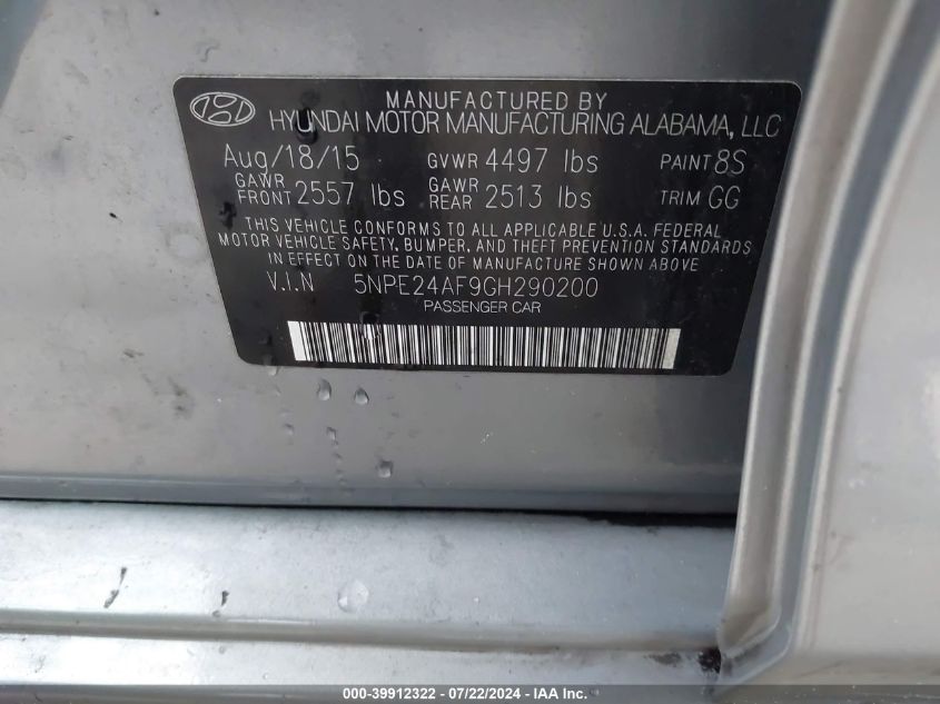 2016 Hyundai Sonata Se VIN: 5NPE24AF9GH290200 Lot: 39912322