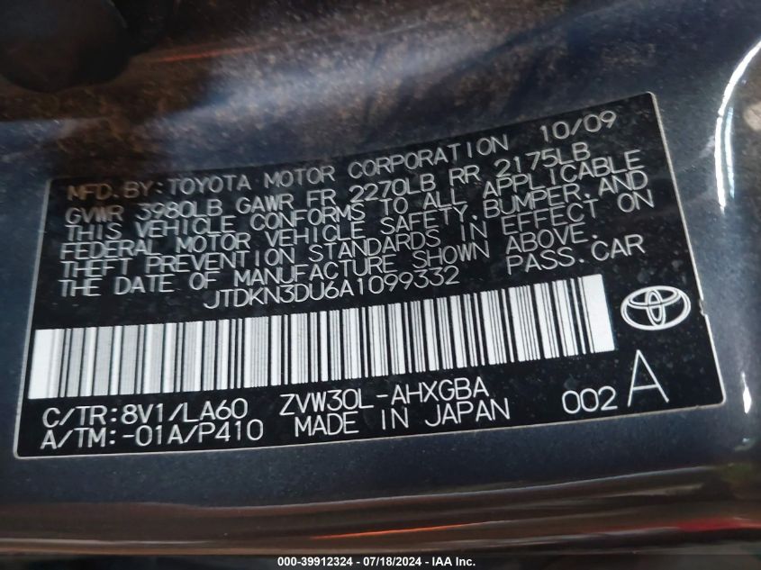 JTDKN3DU6A1099332 | 2010 TOYOTA PRIUS