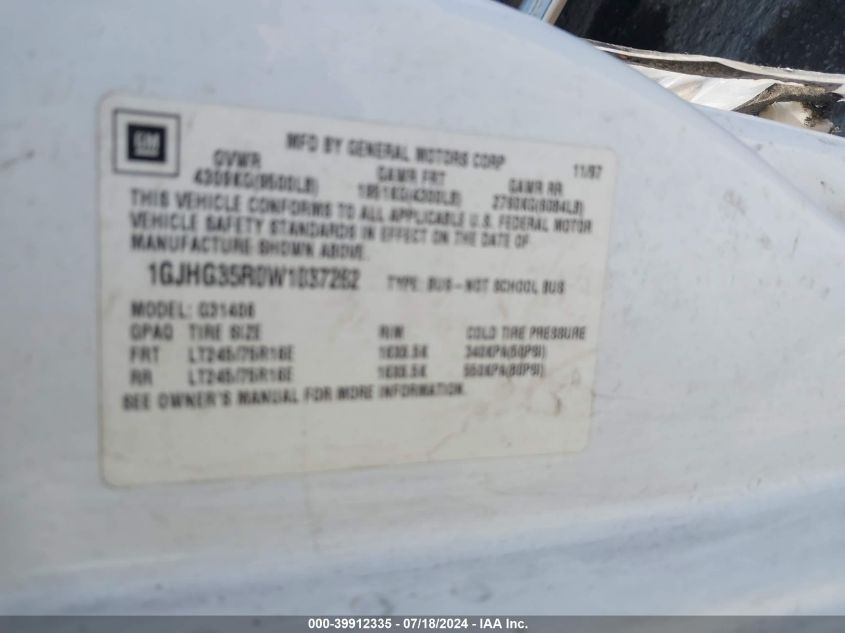 1998 GMC Savana Standard VIN: 1GJHG35R0W1037262 Lot: 39912335