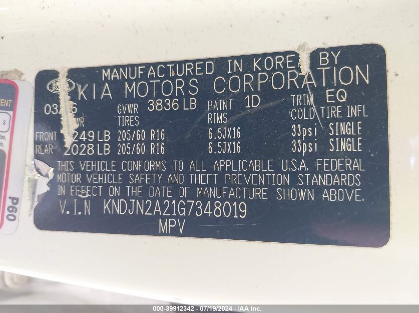 2016 Kia Soul VIN: KNDJN2A21G7348019 Lot: 39912342