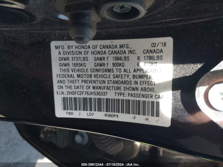 2018 Honda Civic Ex VIN: 2HGFC2F76JH536337 Lot: 39912344