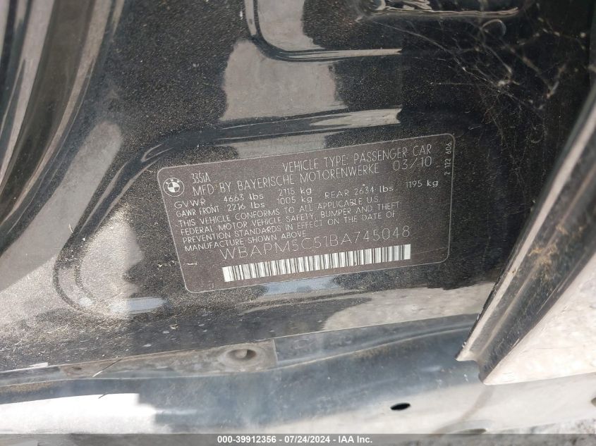 2011 BMW 335I VIN: WBAPM5C51BA745048 Lot: 39912356