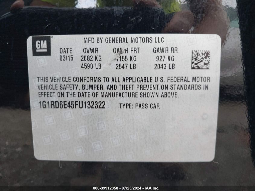 2015 Chevrolet Volt VIN: 1G1RD6E45FU132322 Lot: 39912358