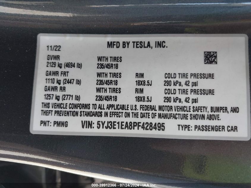 2023 Tesla Model 3 Rear-Wheel Drive VIN: 5YJ3E1EA8PF428495 Lot: 39912366