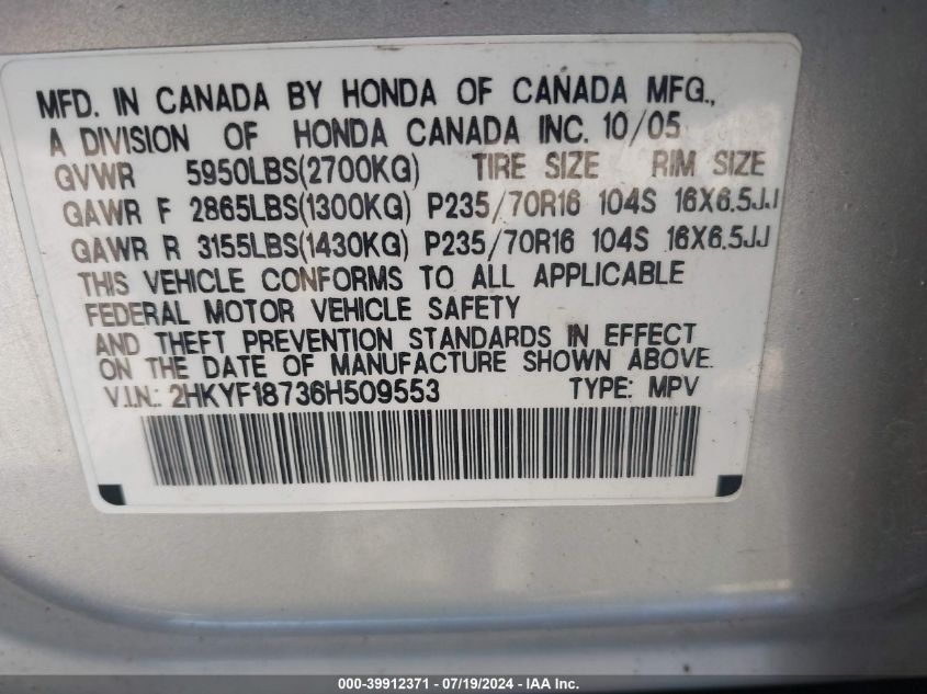 2006 Honda Pilot Ex-L VIN: 2HKYF18736H509553 Lot: 39912371