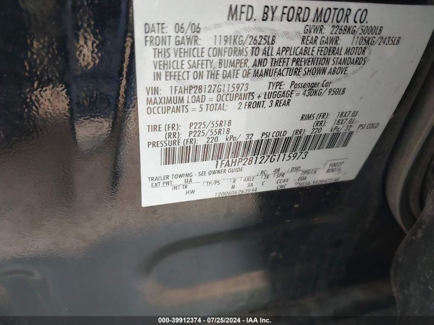 2007 Ford Five Hundred Limited VIN: 1FAHP28127G115973 Lot: 39912374