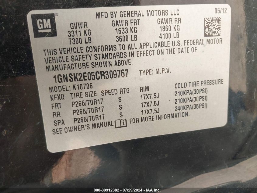 2012 Chevrolet Tahoe Commercial Fleet VIN: 1GNSK2E05CR309767 Lot: 39912382