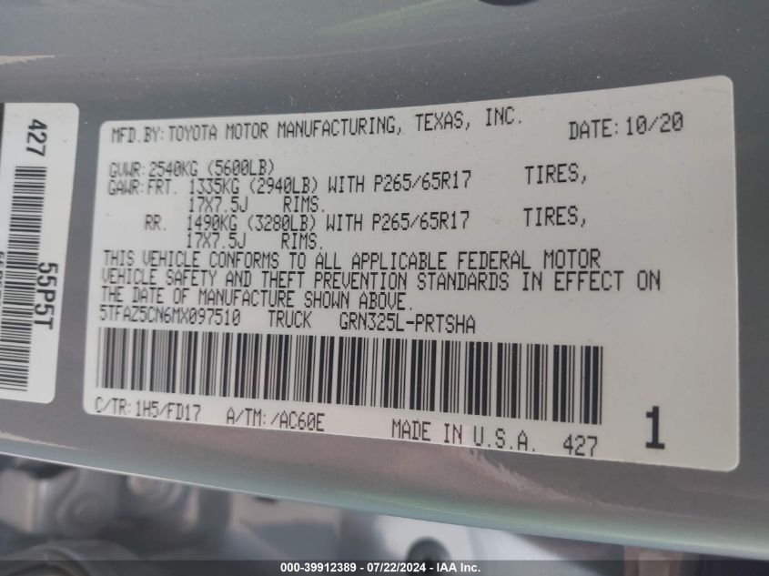 2021 Toyota Tacoma Trd Sport VIN: 5TFAZ5CN6MX097510 Lot: 39912389