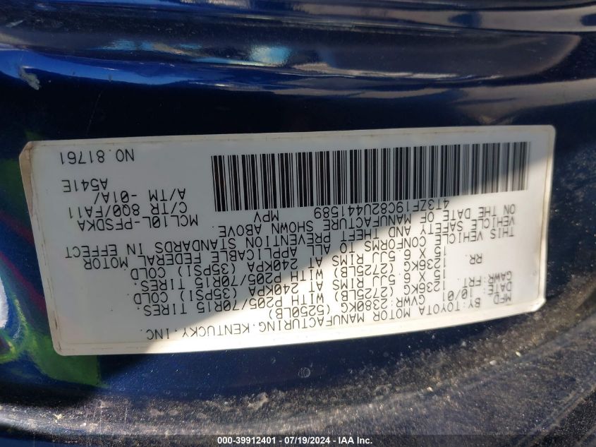 2002 Toyota Sienna Ce VIN: 4T3ZF19C82U441589 Lot: 39912401