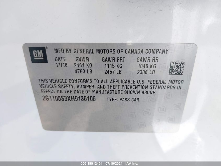 2017 Chevrolet Impala 1Lt VIN: 2G1105S3XH9136106 Lot: 39912404