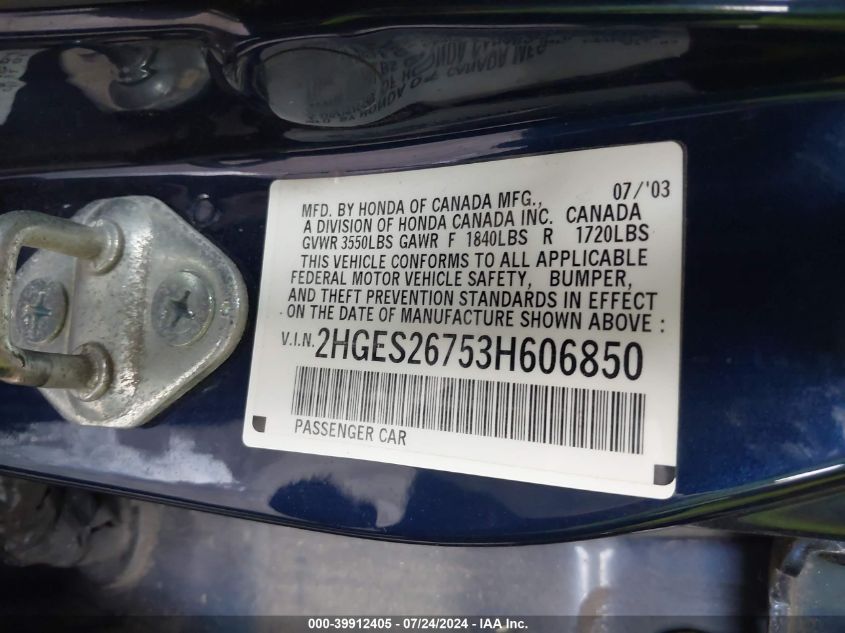 2003 Honda Civic Ex VIN: 2HGES26753H606850 Lot: 39912405