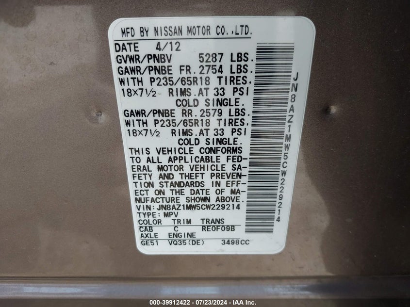 2012 Nissan Murano Sl VIN: JN8AZ1MW5CW229214 Lot: 39912422