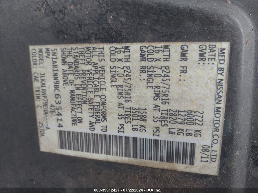 2011 Nissan Pathfinder S VIN: 5N1AR1NN9BC635414 Lot: 39912427