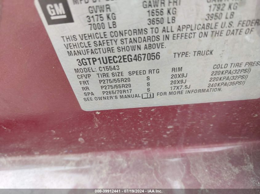 2014 GMC Sierra 1500 Sle VIN: 3GTP1UEC2EG467056 Lot: 39912441