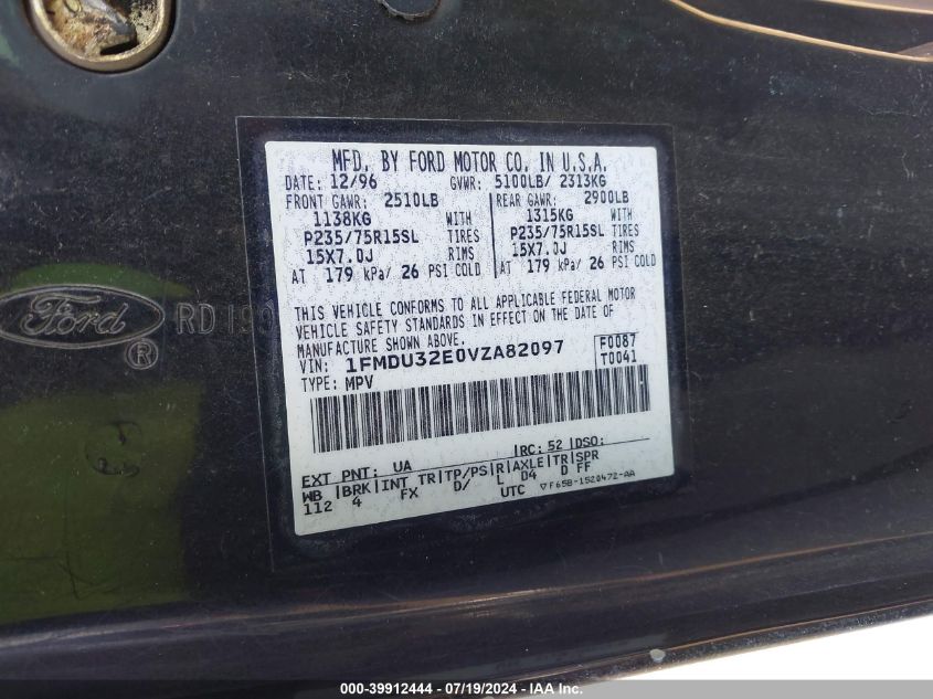 1997 Ford Explorer Eddie Bauer/Limited/Xl/Xlt VIN: 1FMDU32E0VZA82097 Lot: 39912444