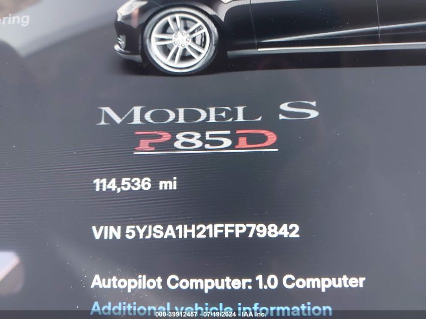 2015 Tesla Model S 85D VIN: 5YJSA1H21FFP79842 Lot: 39912457