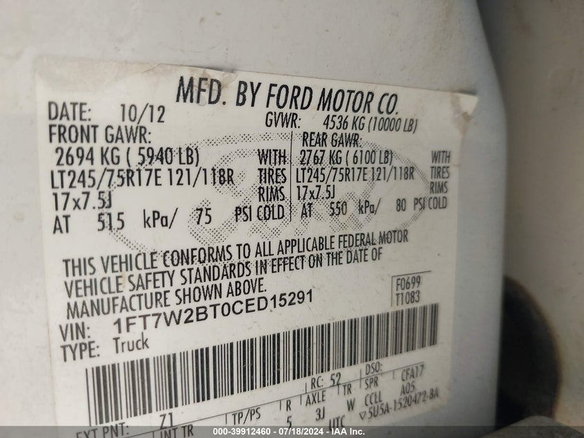 2012 Ford F-250 Xl VIN: 1FT7W2BT0CED15291 Lot: 39912460