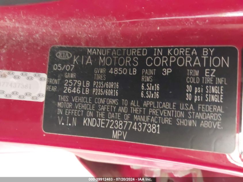 2007 Kia Sportage Ex/Lx VIN: KNDJE723877437381 Lot: 39912483