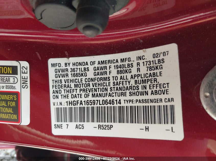 2007 Honda Civic Lx VIN: 1HGFA16597L064614 Lot: 39912486