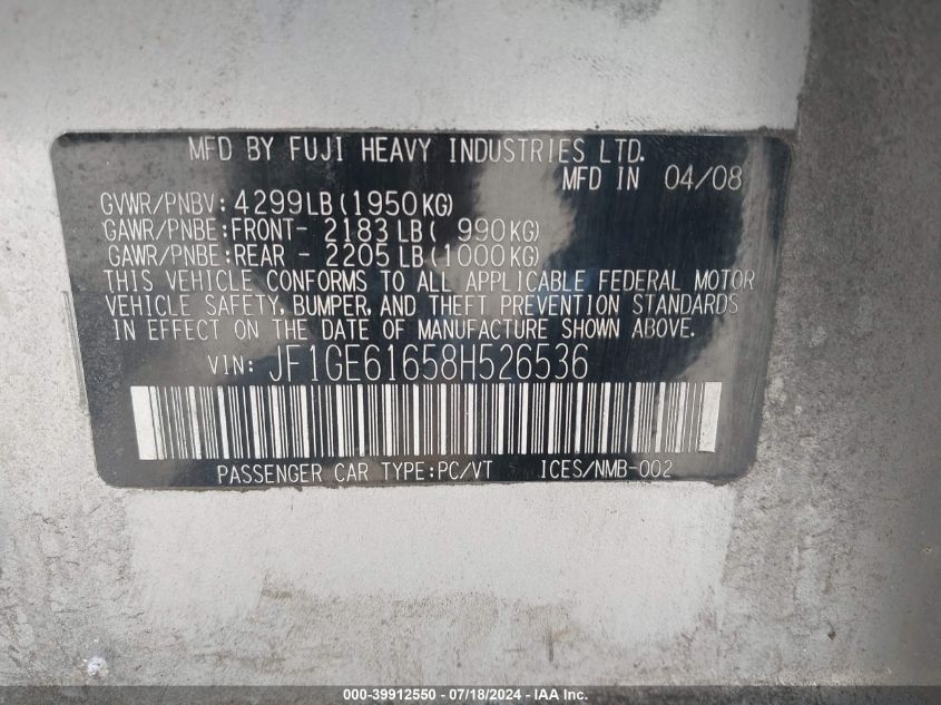 2008 Subaru Impreza 2.5I VIN: JF1GE61658H526536 Lot: 39912550