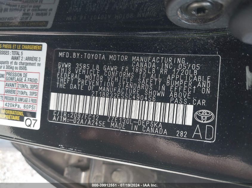 2005 Toyota Corolla S VIN: 2T1BR32E55C490456 Lot: 39912551