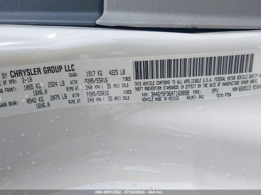 2010 Chrysler Pt Cruiser Classic VIN: 3A4GY5F96AT169898 Lot: 39912552