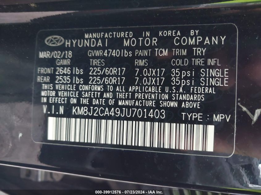 2018 Hyundai Tucson Se VIN: KM8J2CA49JU701403 Lot: 39912576