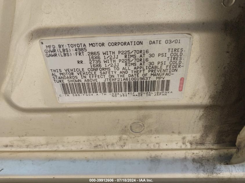 2001 Toyota Highlander V6 VIN: JTEHF21A610019637 Lot: 39912606