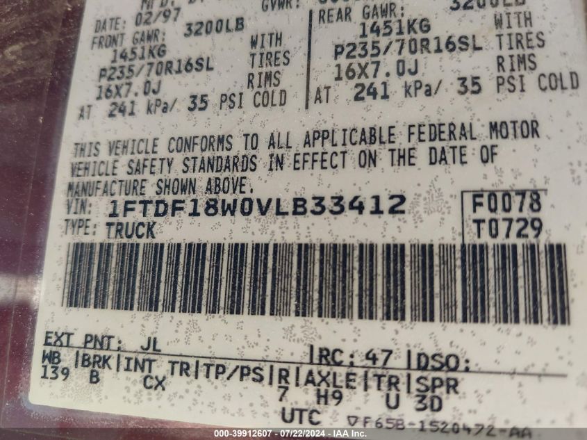 1997 Ford F-150 Lariat/Standard/Xl/Xlt VIN: 1FTDF18W0VLB33412 Lot: 39912607