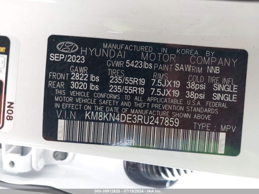 2024 Hyundai Ioniq 5 Sel VIN: KM8KN4DE3RU247859 Lot: 39912620