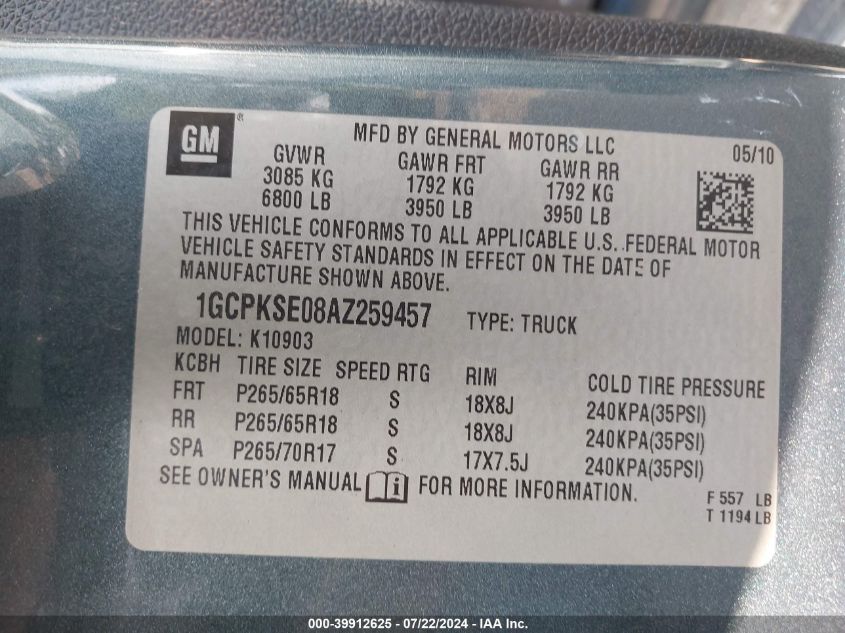 2010 Chevrolet Silverado 1500 Lt VIN: 1GCPKSE08AZ259457 Lot: 39912625