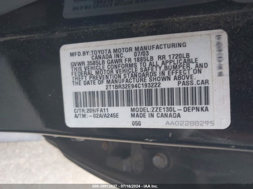 2004 Toyota Corolla Le VIN: 2T1BR32E94C193222 Lot: 39912627