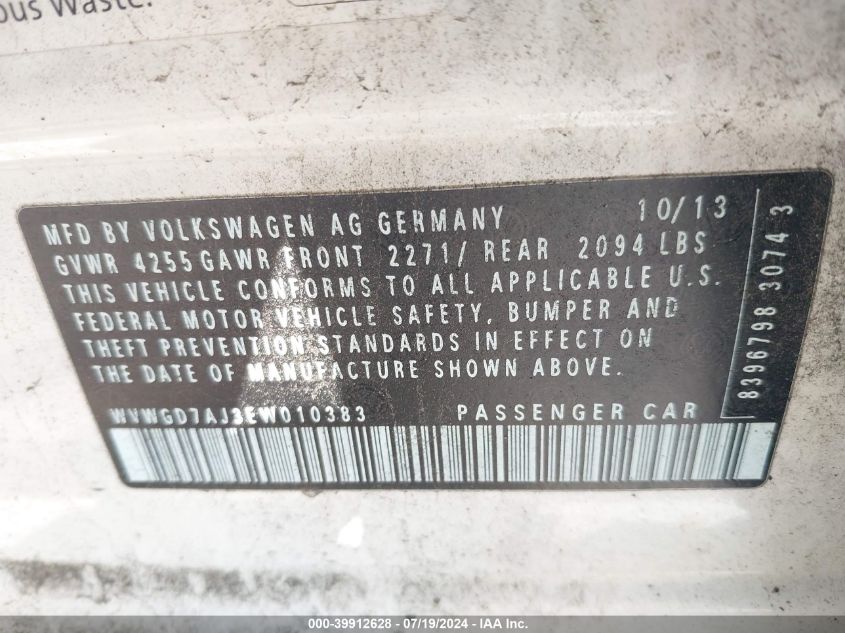 2014 Volkswagen Gti Driver's Edition VIN: WVWGD7AJ3EW010383 Lot: 39912628