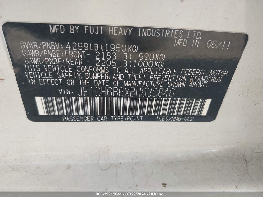 2011 Subaru Impreza 2.5I Premium VIN: JF1GH6B6XBH830846 Lot: 39912641
