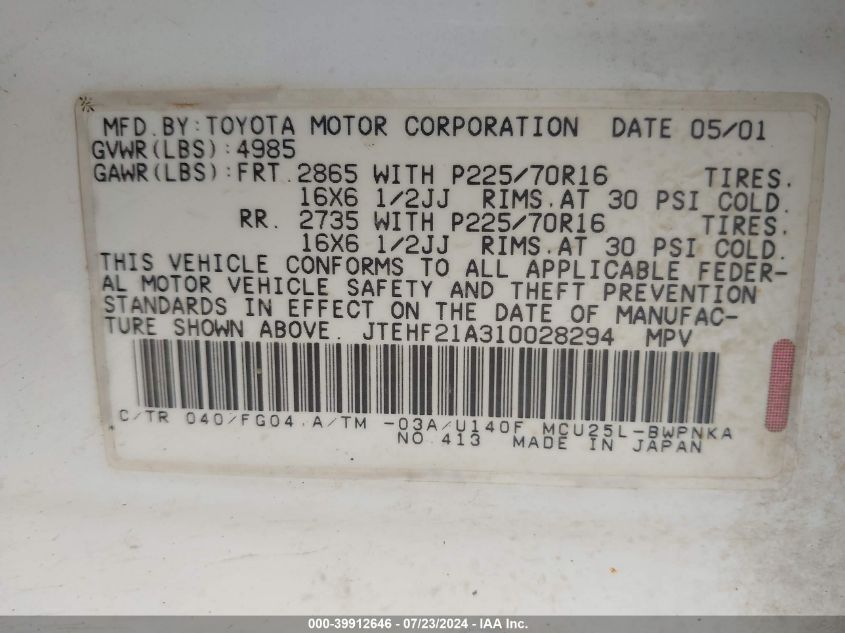 2001 Toyota Highlander V6 VIN: JTEHF21A31002H294 Lot: 39912646