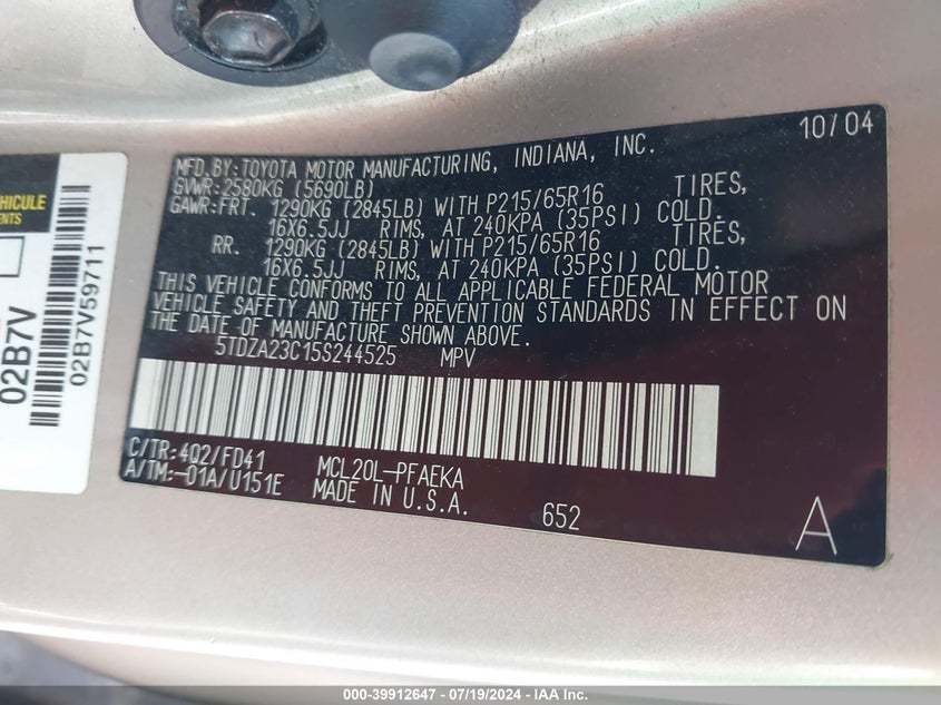 2005 Toyota Sienna Ce VIN: 5TDZA23C15S244525 Lot: 39912647