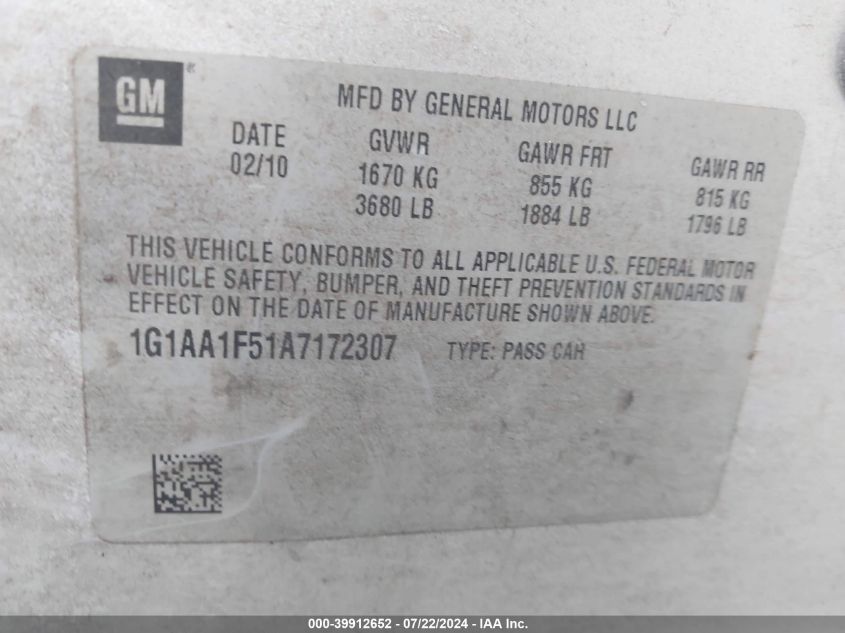 2010 Chevrolet Cobalt Ls VIN: 1G1AA1F51A7172307 Lot: 39912652