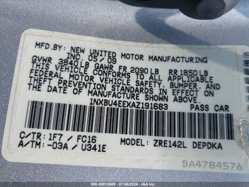 2010 Toyota Corolla Le VIN: 1NXBU4EEXAZ191683 Lot: 39912689