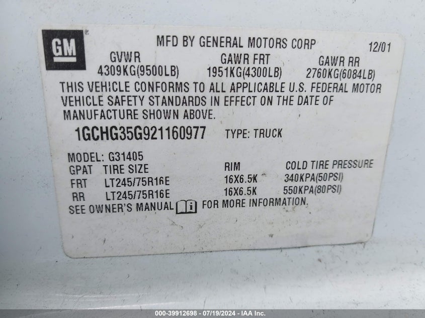 2002 Chevrolet Express VIN: 1GCHG35G921160977 Lot: 39912698