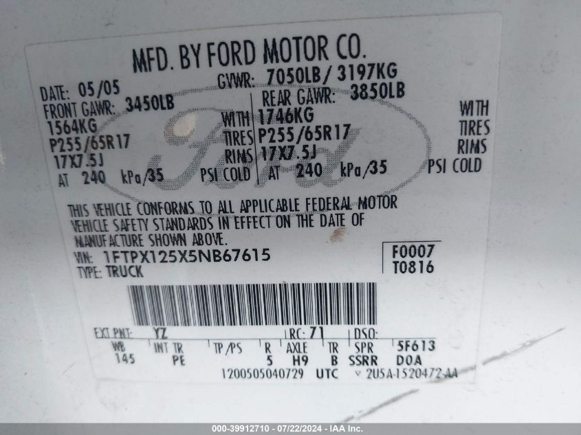 2005 Ford F-150 Lariat/Xl/Xlt VIN: 1FTPX125X5NB67615 Lot: 39912710