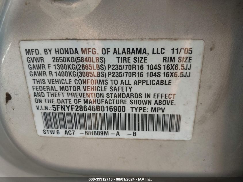 2006 Honda Pilot Ex-L VIN: 5FNYF28646B016900 Lot: 39912713