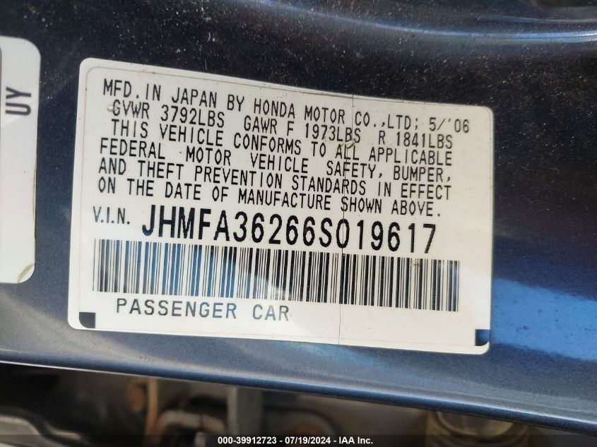 JHMFA36266S019617 | 2006 HONDA CIVIC HYBRID